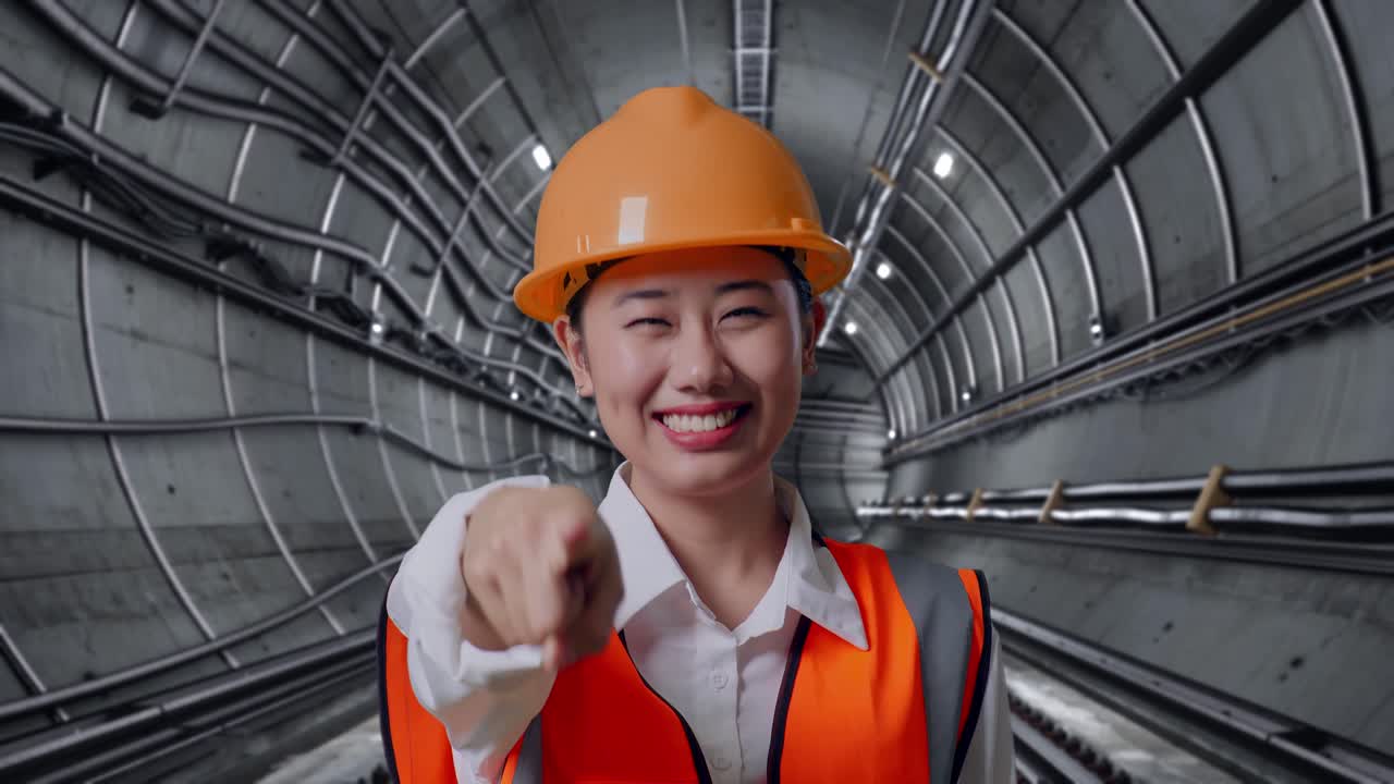 Woman Engineer Pointing in a Tunnel