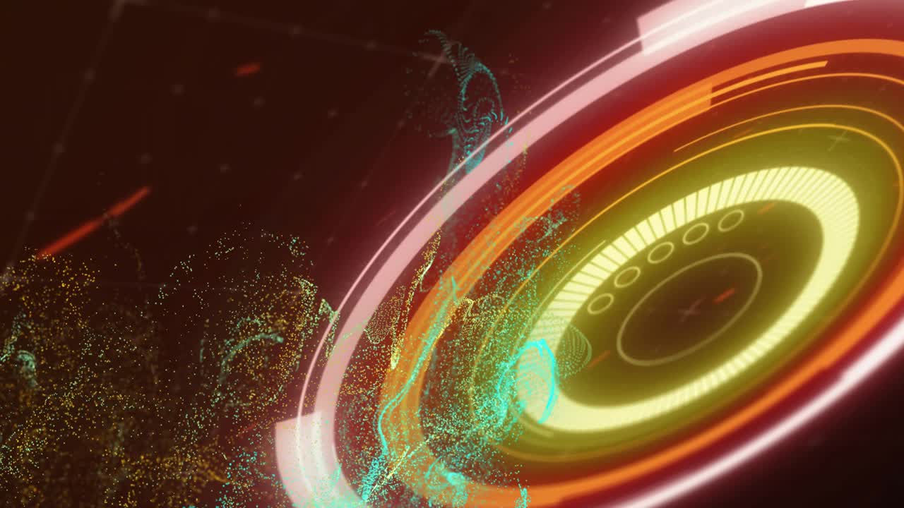 Neon arc moving across frame lighting particle tendrils, rotating rings showing inner disc patterns