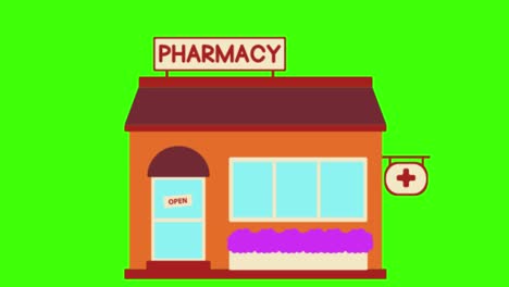 pantalla verde, edificios, farmacia