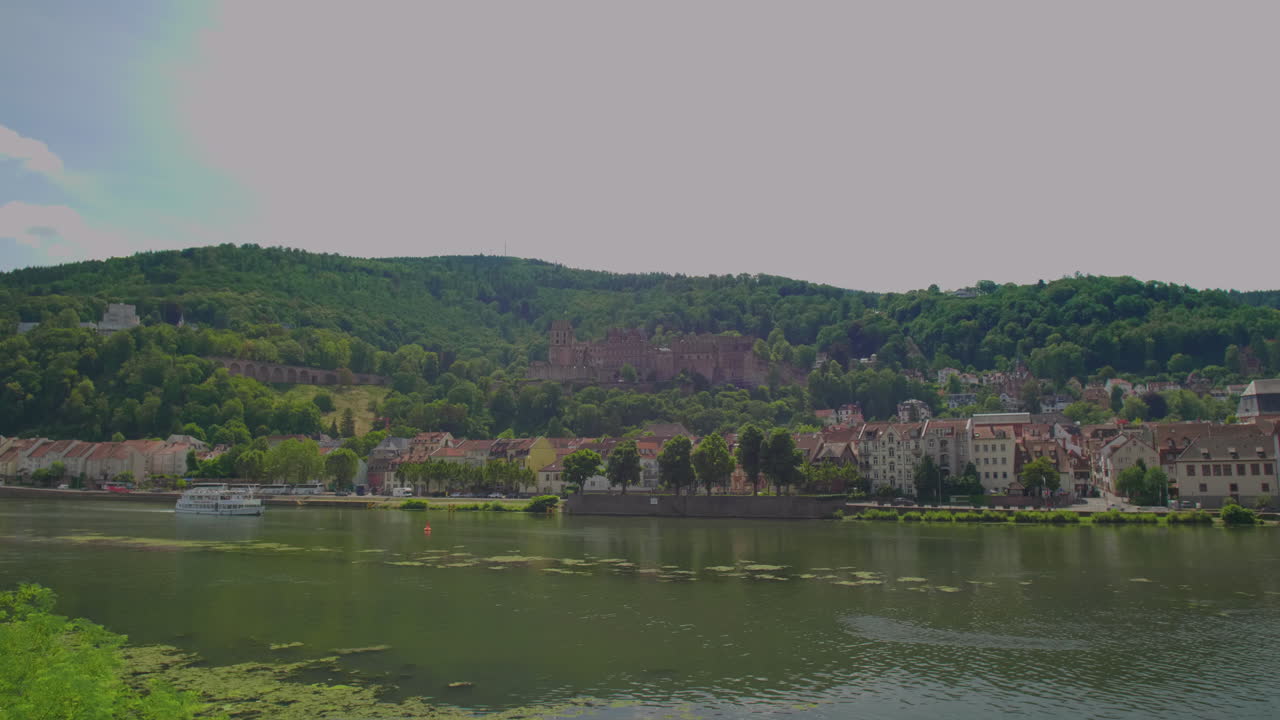 Veduta di Heidelberg con castello e palazzo, con un battello turistico in una giornata di sole