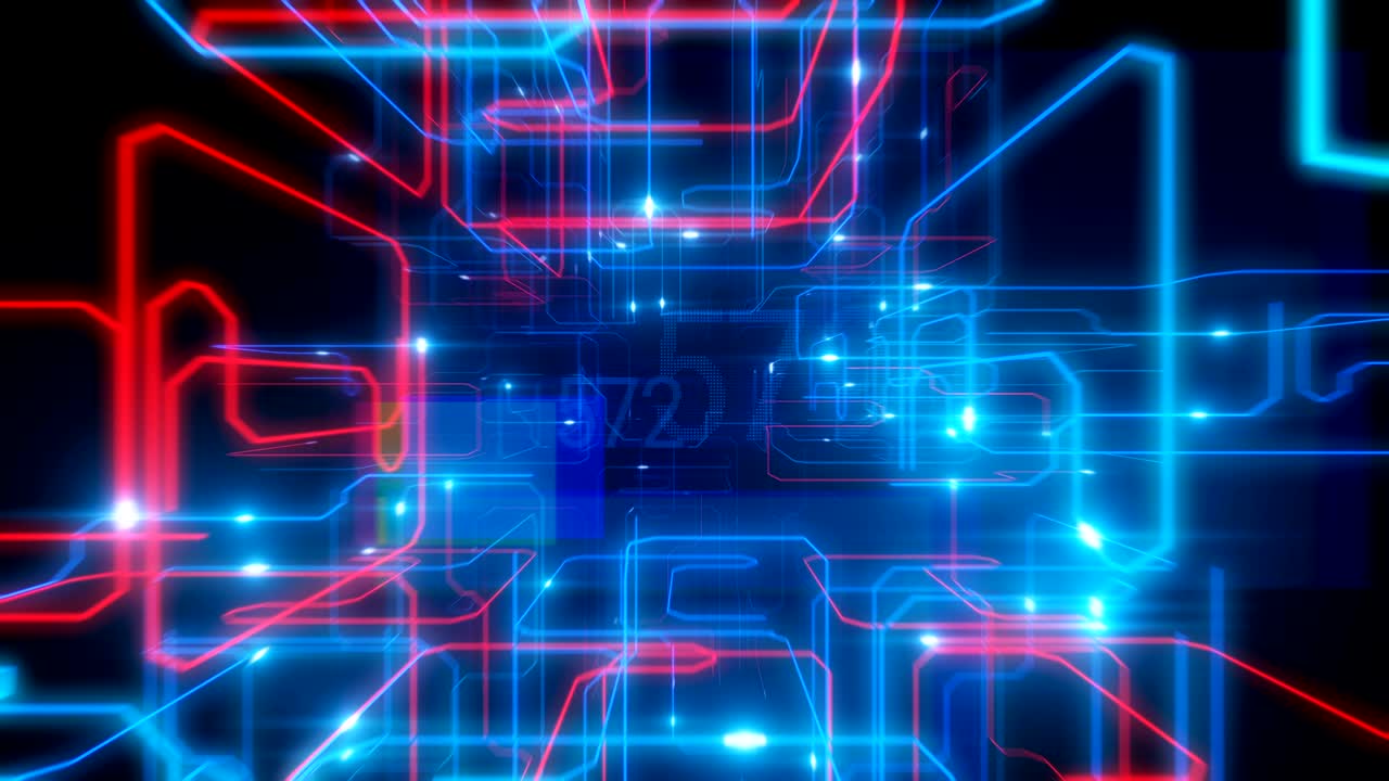 hermoso vuelo dentro del procesador con electrones en ejecución y códigos digitales. destellos brillantes y números brillantes. cuadros de animación 3d en bucle 200-400. concepto de tecnología digital.