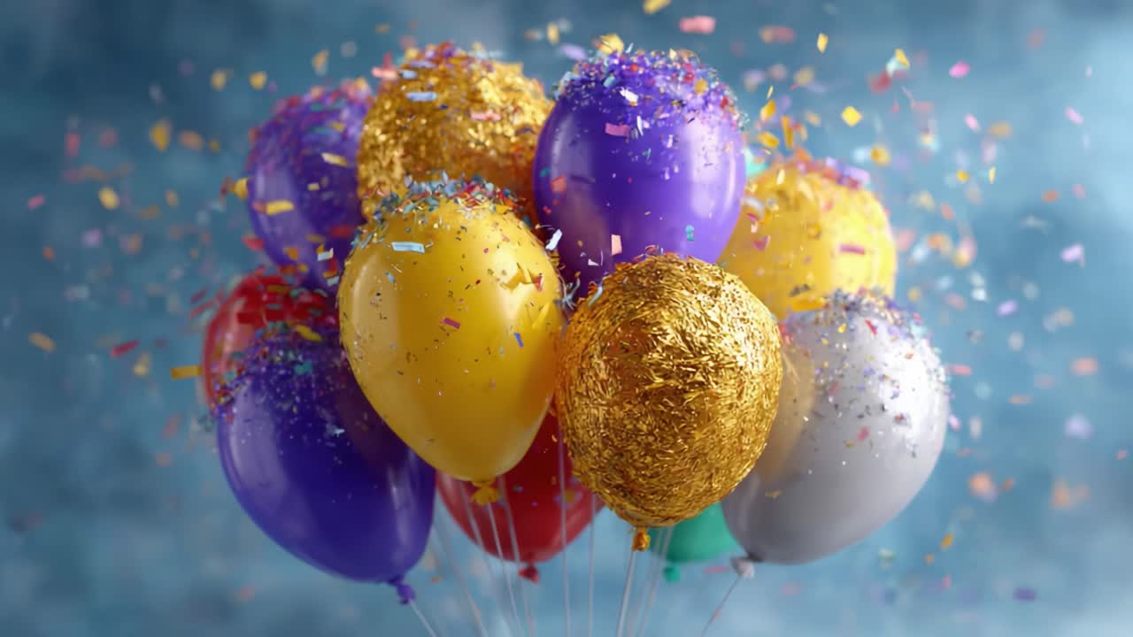 A Vibrant Celebration of Colorful Balloons: Golden and Shiny Confetti-Covered Balloons in Shades of Purple, Yellow, and Silver Ready to Add Joy to Any Festivity