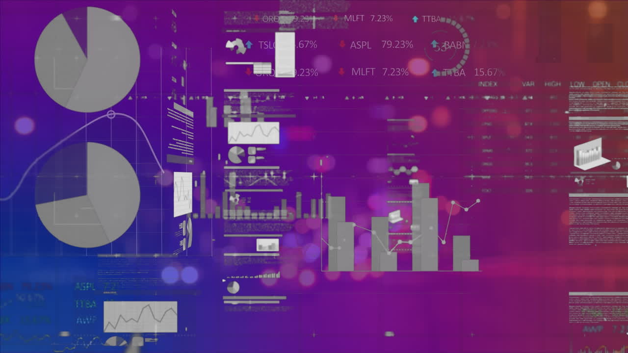 animación de diversos datos y gráficos de procesamiento en una pantalla digital púrpura.