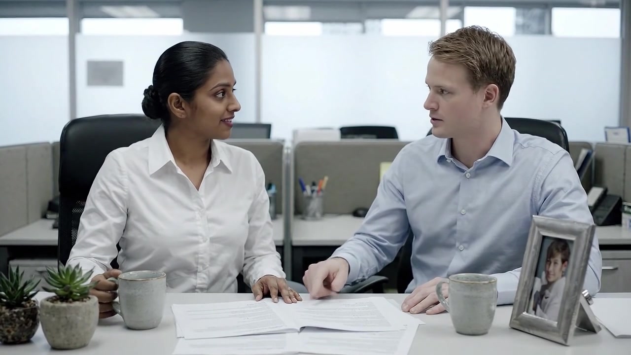 A Collaborative Workplace Discussion Between a Man and a Woman Over Office Documents and Plans in a Modern Business Setting