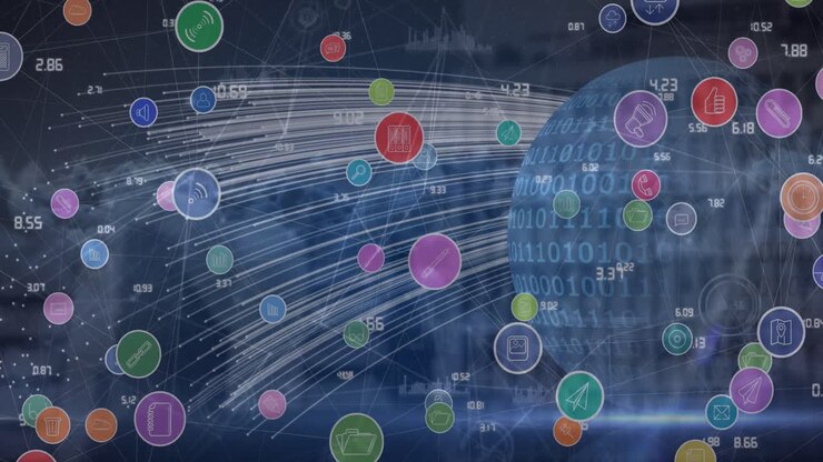 Animation of icons over network of cpnnections and globe on black background
