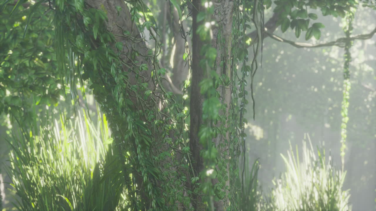 깊은 안개 속의 정글 숲의 나무들