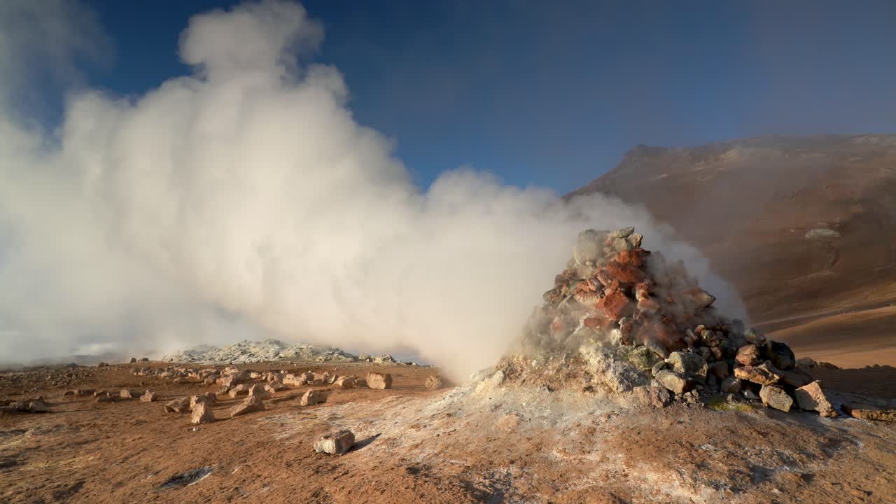 A Sight Of Volcanic Steam Vent At Geothermal Area In Northern Iceland. Aerial Close-up Shot
