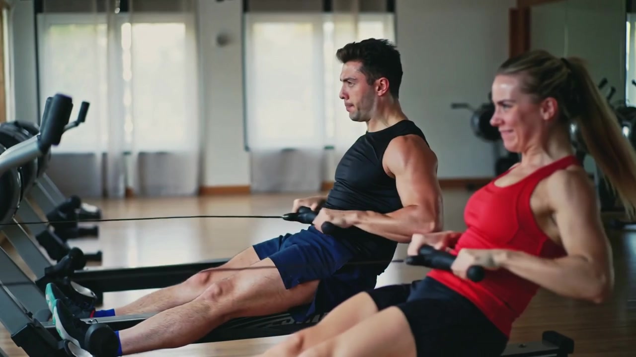Rowing couple following female lead, powering strokes on ergs, training, in red tank, black top