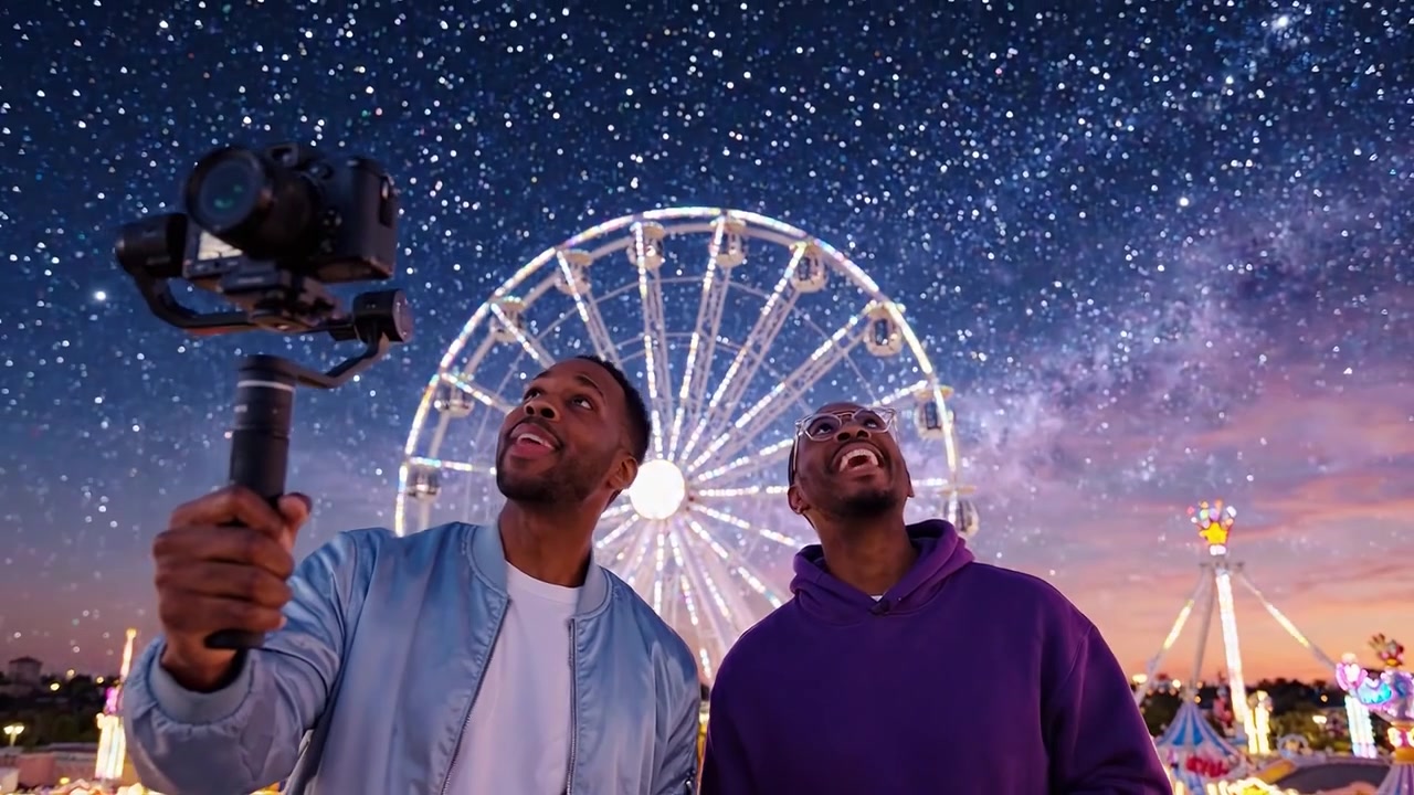 Two Friends Capture Magical Moments During Nighttime at the Fair with a Camera, Under a Starry Sky Illuminated by a Majestic Ferris Wheel in the Background
