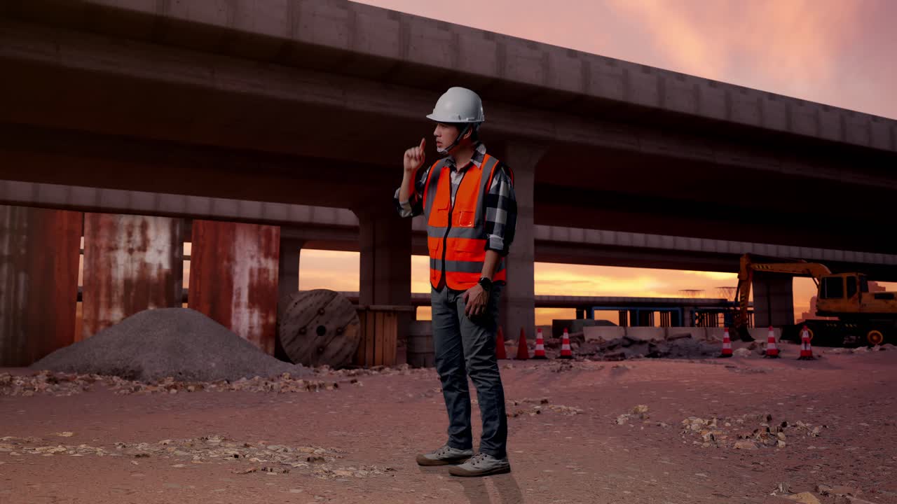 Full Body Side View Of Angry Asian Male Engineer With Safety Helmet Shouting At Someone While Standing At The Site of Highway Construction