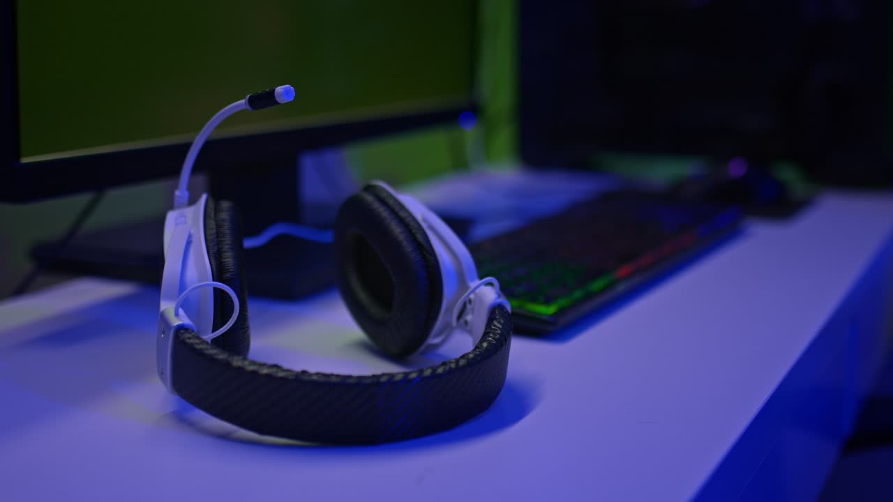 en primer plano, los auriculares del jugador están en la mesa de la computadora. auriculares modernos con un micrófono, un teclado retroiluminado y un gran monitor, un espacio de juego. 4k, prores