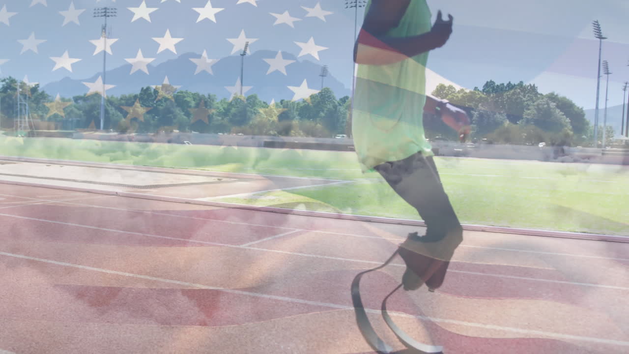 Running on track with prosthetic legs, athlete over American flag animation