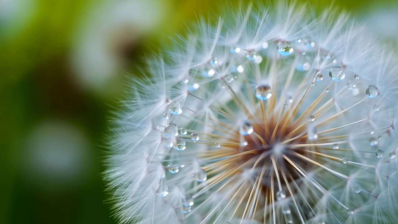 Vista macro extrema de una cabeza de semilla de diente de león con filamentos de vilano blancos, tallos de semillas marrones, gotas de rocío claras, bokeh verde suave, textura delicada, ambiente botánico fresco y detalle natural.