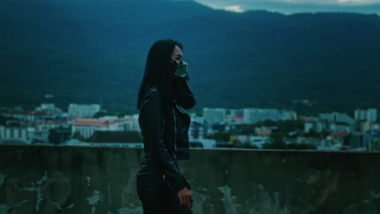 Woman in Mask Walking on Rooftop at Dusk