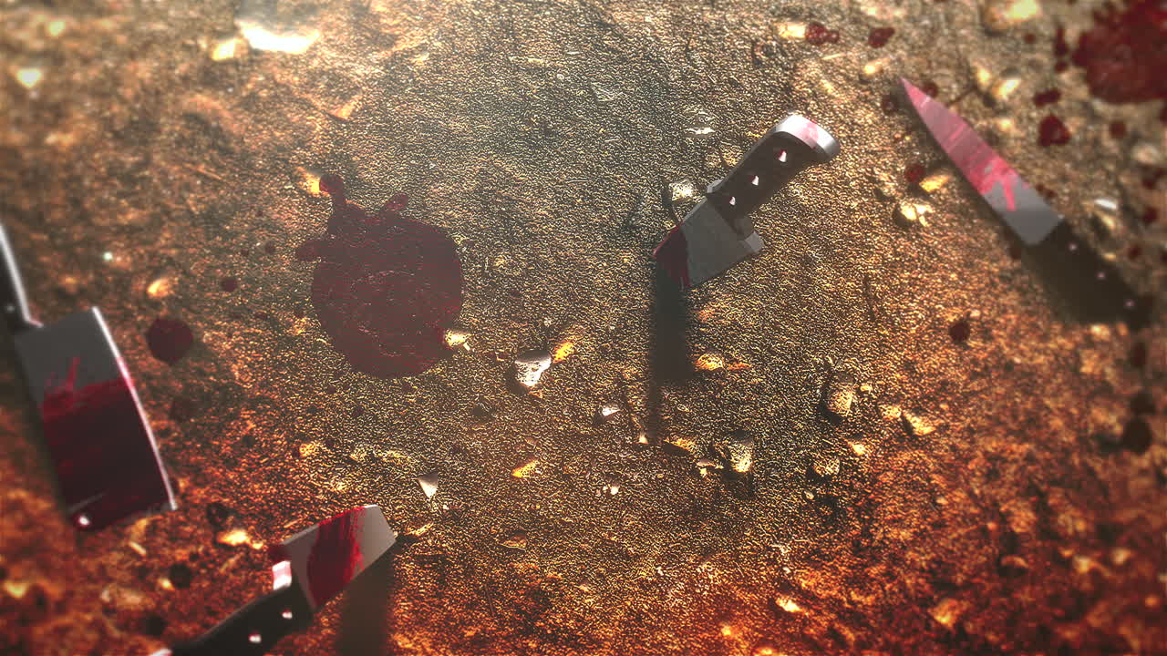 красная кровь на стене с ножами на земле