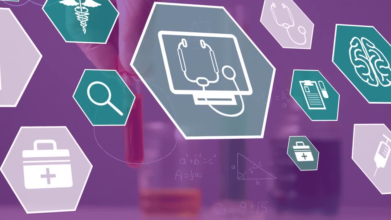 animación de iconos químicos sobre la mano con muestra de sangre y fórmulas matemáticas en fondo violeta