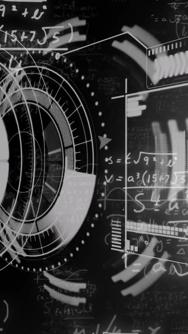 Animation of data processing and scope scanning with mathematical equations on black background