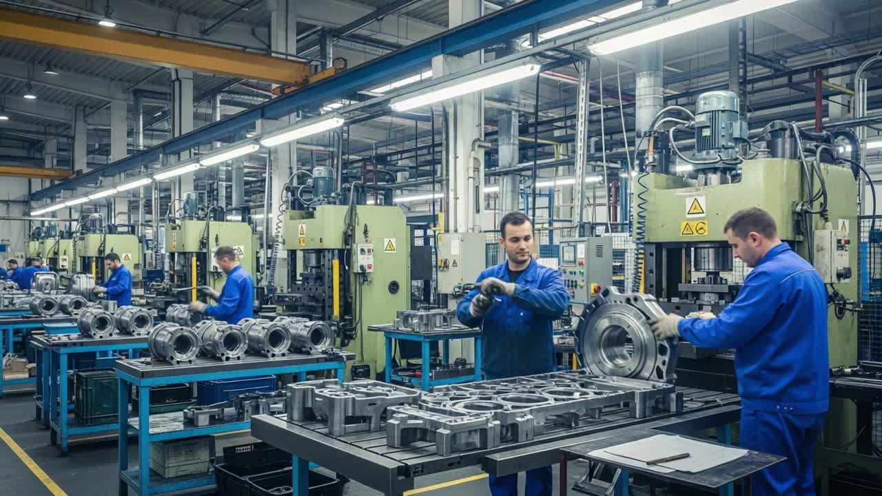 Workers operating machinery in a modern manufacturing factory