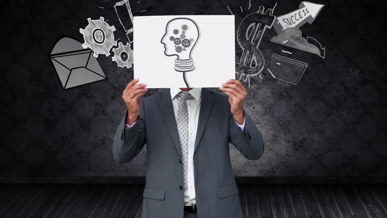 hombre de negocios con animación de bombilla sobre la cara