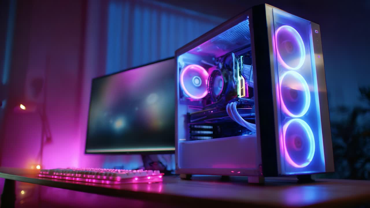 A stunning modern gaming setup showcasing a vibrant PC tower with colorful LED lights illuminating the interior and a sleek monitor in a stylish, dimly lit environment that enhances the atmosphere