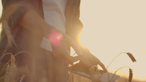 Joven-Agricultora-Con-Camisa-A-Cuadros-En-Campo-De-Trigo-Al-Fondo-Del-Atardecer.-La-Niña-Usa-Una-Tableta-Para-Cosechar.