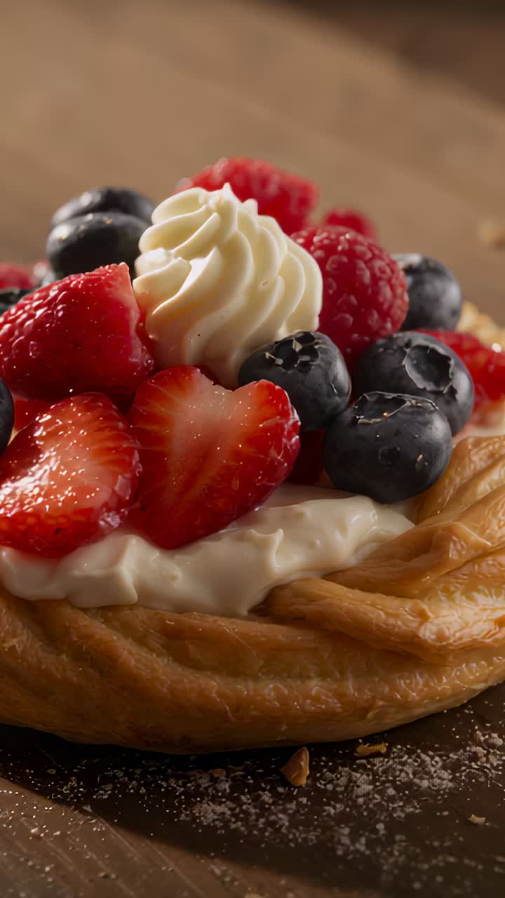 Vertical video: Slow camera push focusing round pastry on dark board to highlight cream and berries