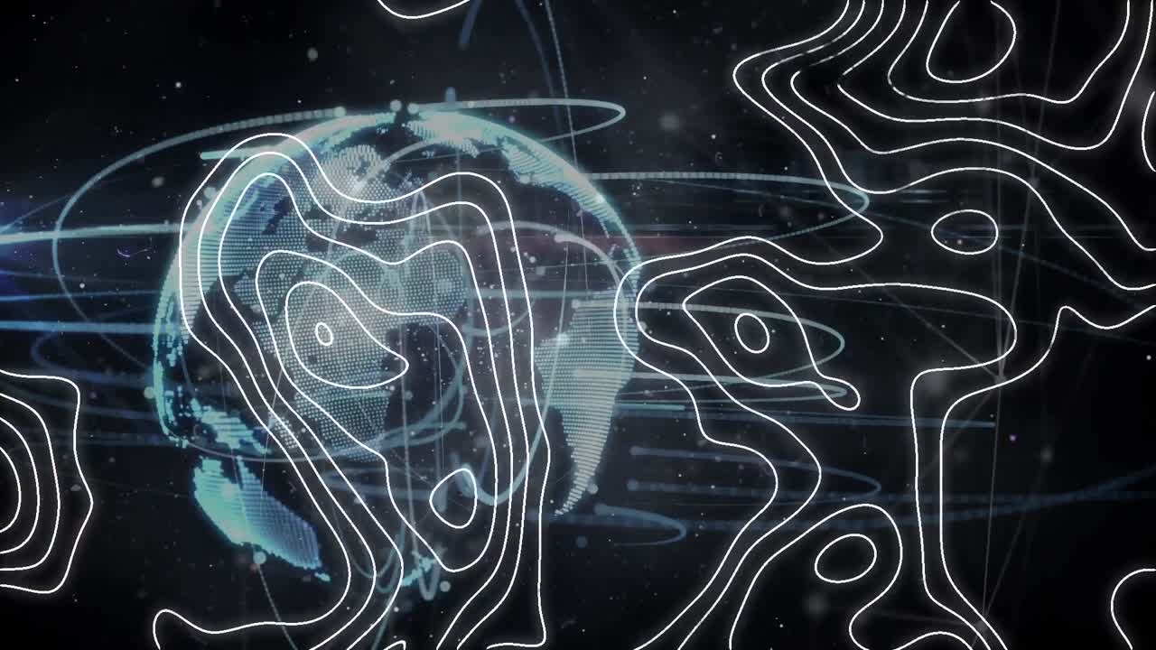 Animation of white topographical map and turning globe on black background