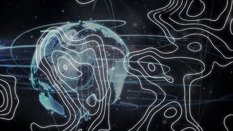 animación de un mapa topográfico blanco y un globo que gira sobre un fondo negro