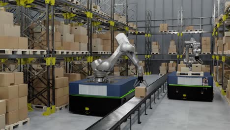 animación de robots y drones que trabajan en el almacén