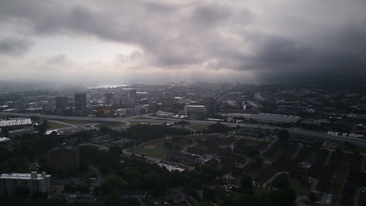 Aerial hyperlapse of a bright and foggy morning in Downtown Chattanooga, TN