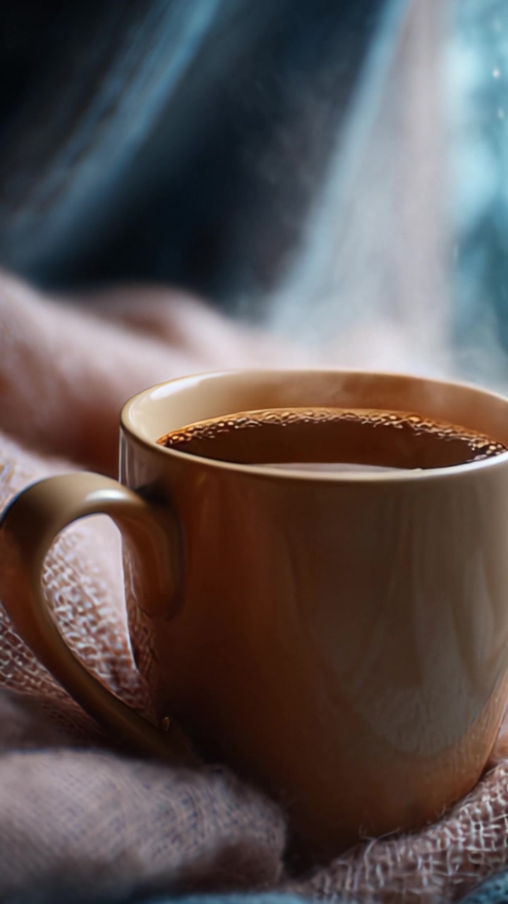 Tazza di caffè calda e invitante fumante su una coperta accogliente, che cattura l'essenza di comfort e relax in un ambiente sereno