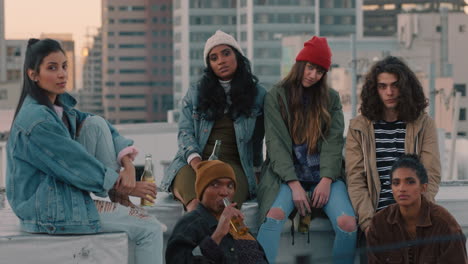 group of young diverse friends hanging out on rooftop at sunset looking confident in urban city gen z concept