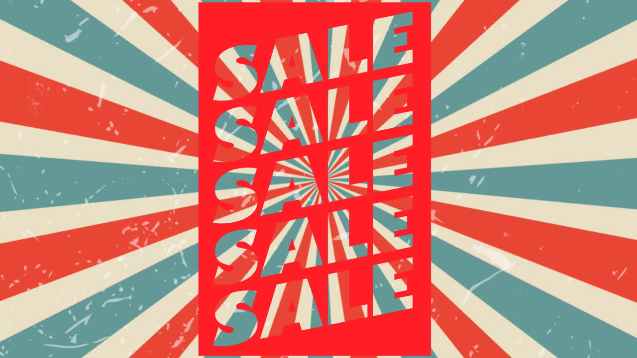 파란색과 빨간색 방사선에 대한 판매 텍스트 배너의 애니메이션이 끊임없는 패턴으로 회전합니다.