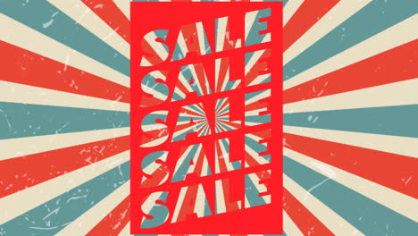 animación del banner de texto de venta contra los rayos radiales azules y rojos que giran en un patrón sin costuras
