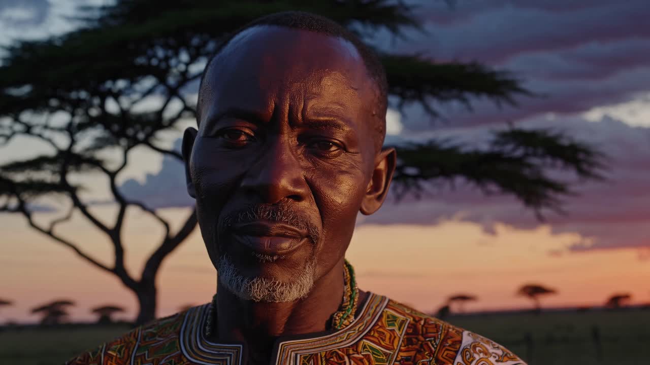 Close-up video still of a man in traditional attire at sunset, with a low camera angle capturing