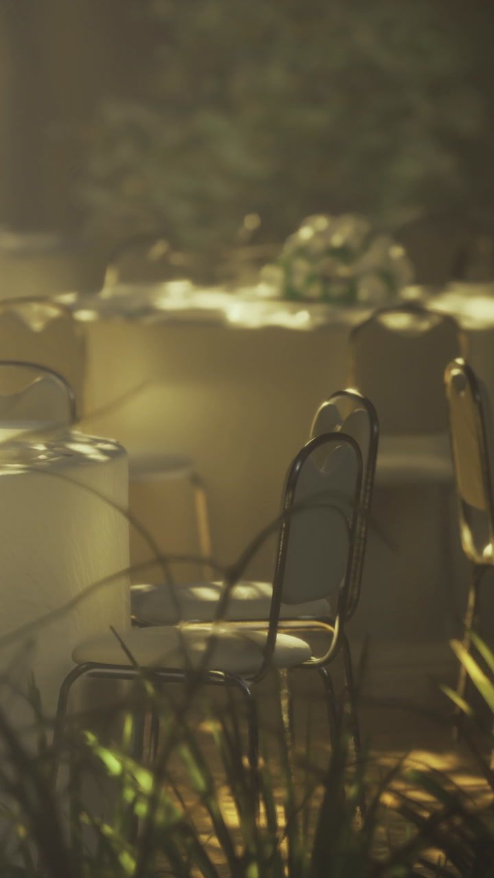 Empty chairs and tables set for an event in a dimly lit space