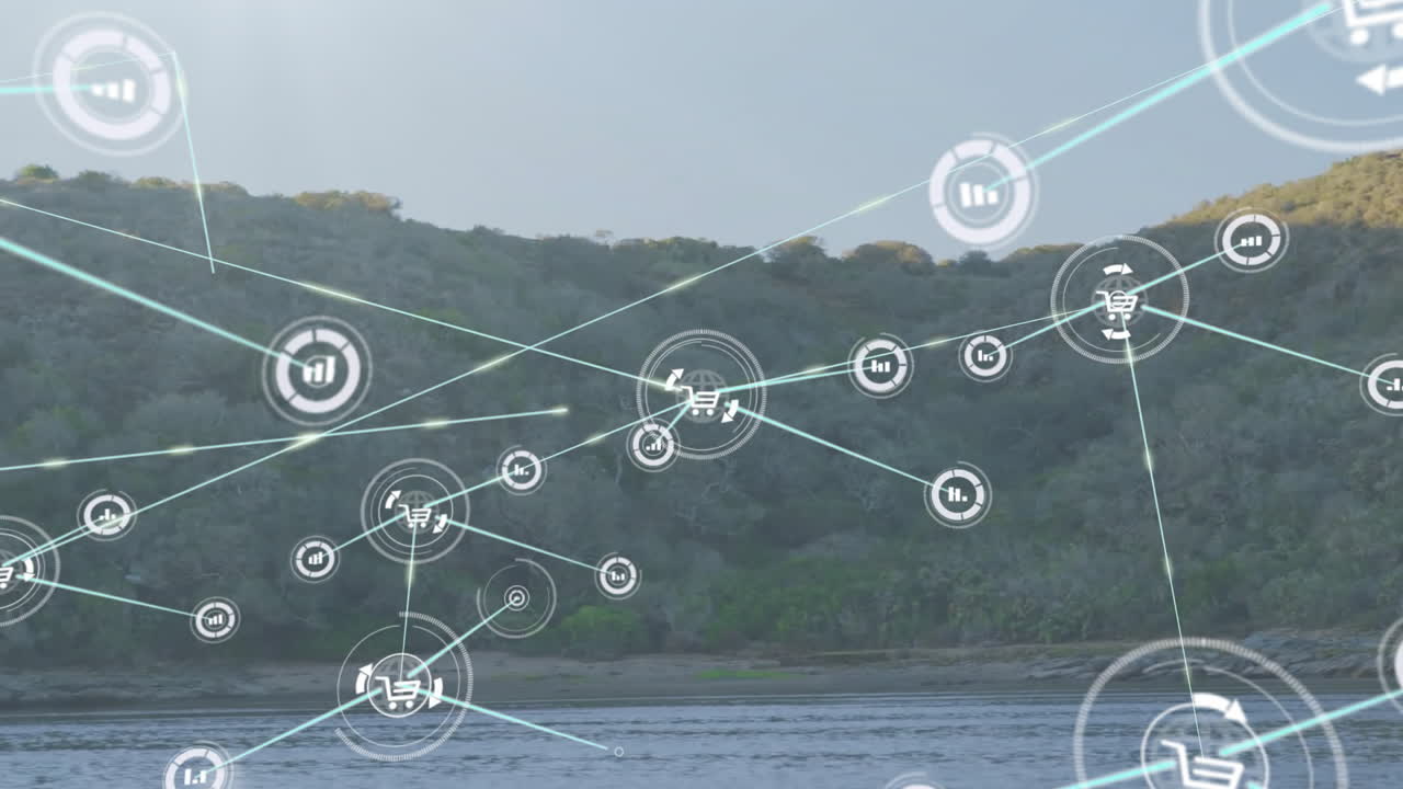 풍경 위의 아이콘으로 연결된 네트워크의 애니메이션