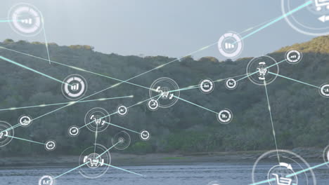 animación de la red de conexiones con iconos sobre el paisaje