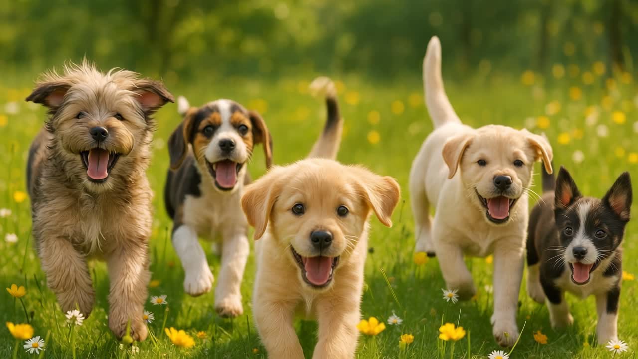 A joyful video scene of puppies running towards the camera in a lush meadow
