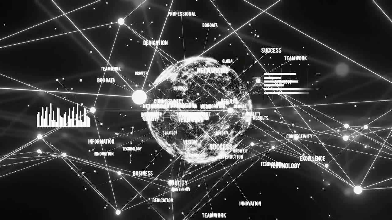 Animation of statistics, globe with network of connections