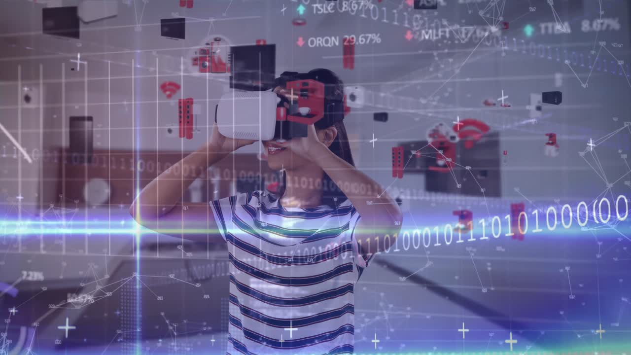 Animation of financial data processing over girl using vr headset