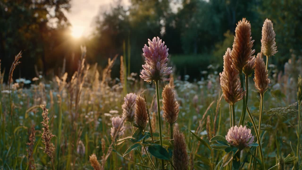 Captivating Sunset Over a Serene Field of Blooms: A Beautiful Display of Nature's Colors and Texture as Golden Rays Illuminate Vibrant Wildflowers