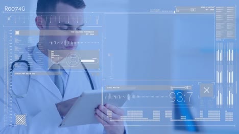 animation of interface with data processing against caucasian male doctor using digital tablet