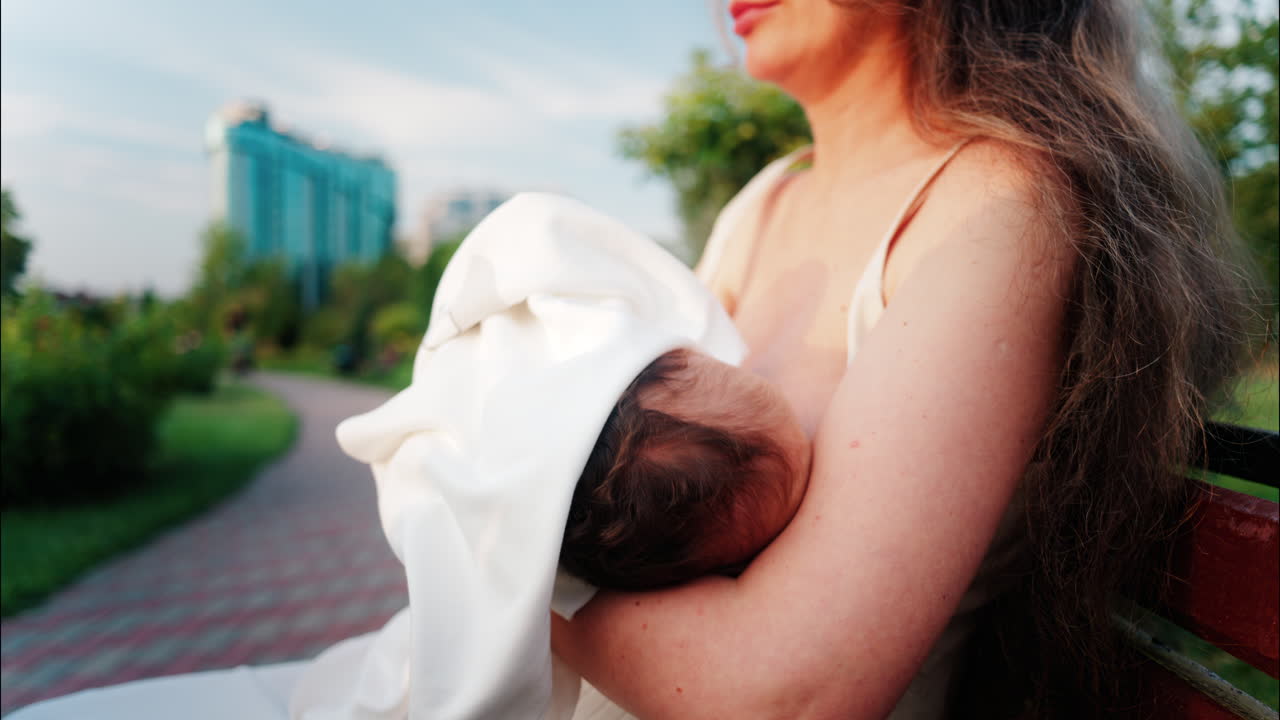 Close up of a mother holding her newborn in her arms outdoors during sunset