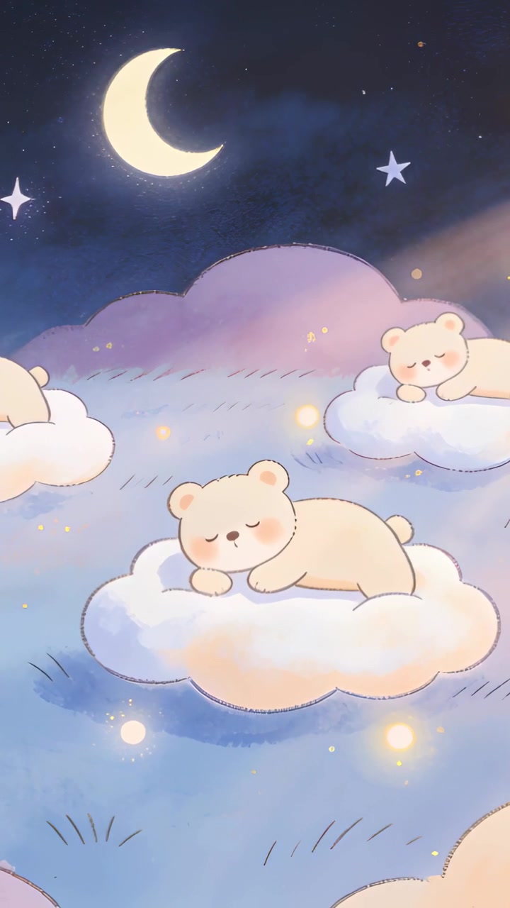 Vertical video: Sleeping centered bear cub curled on cloud at night, warm beam sweeping right side