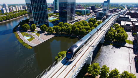modern tram crossing a bridge in a cityscape with river and skyscrapers