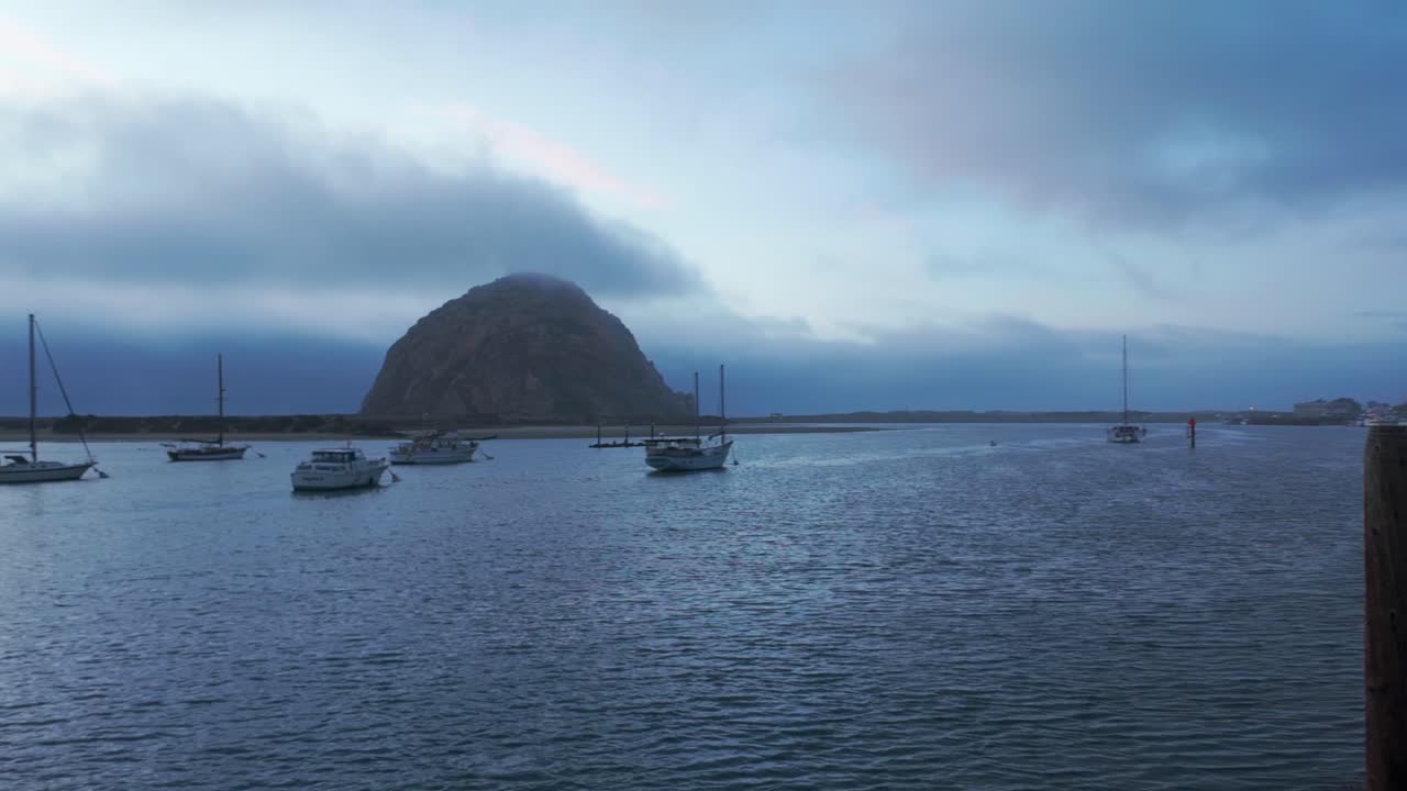 Gimbal wide panning shot of charming Morro Bay during low light on the Central Coast of California. 4K