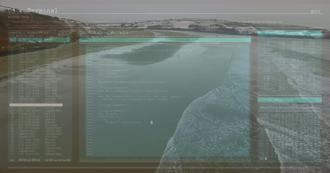 Upon overlay fade-in, Data Terminal loading code over beach panorama, processing real-time data