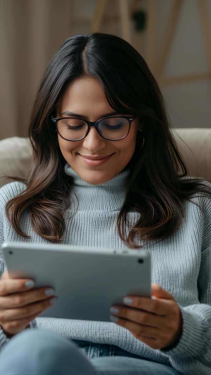 Vertical video: Tapping tablet woman in gray sweater and glasses reading, relaxing at home on sofa