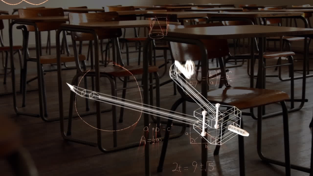 공허한 교실에서 나침반 아이콘과 수학 방정식의 애니메이션